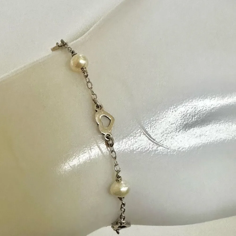 Sterling silver pearl Childs cross charm religious bracelet